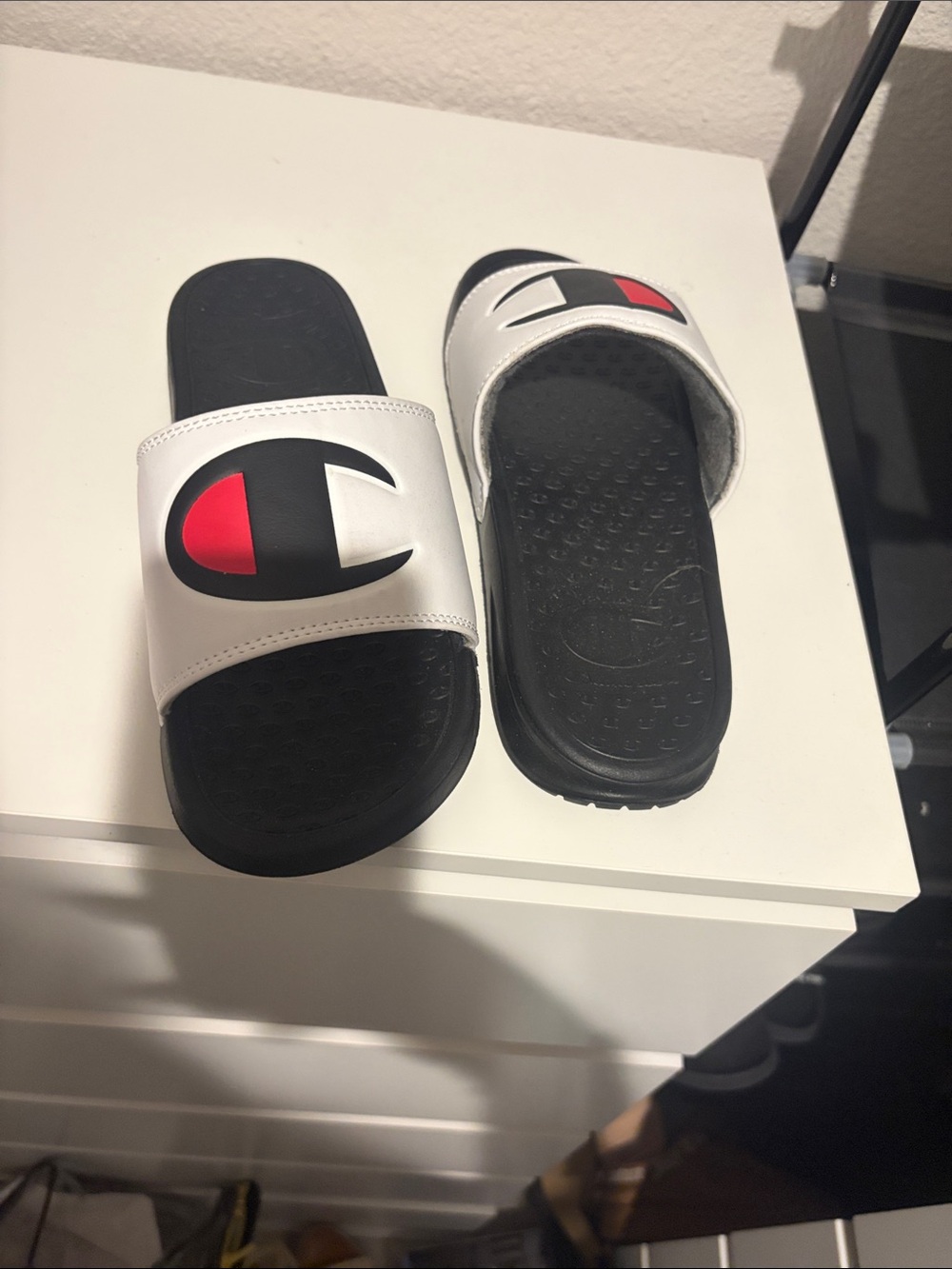 Champion White Slide Sandals with Black Footbed and Red Accent